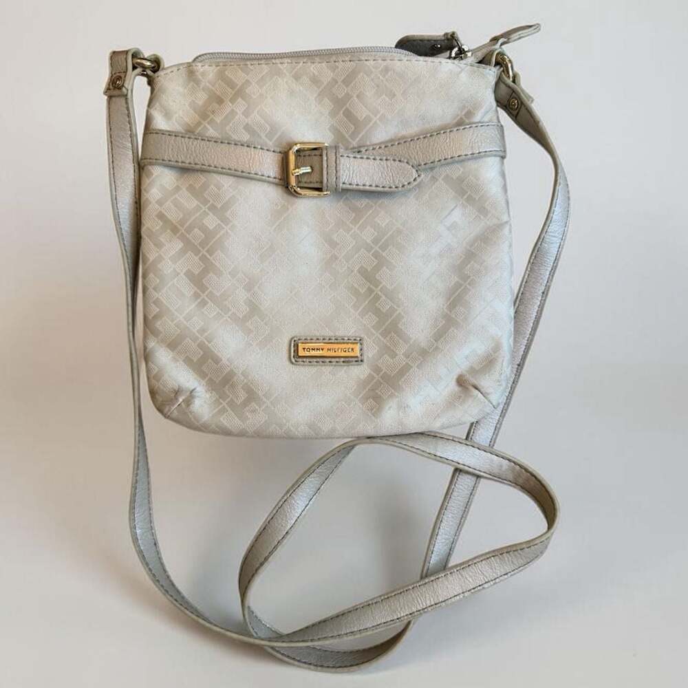 Tommy Hilfiger Cream Jacquard Crossbody Bag with Buckle Detail Small